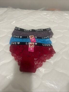 LOVE Lace Kids Bikini Briefs - Gray, Blue & Red 3-Pack